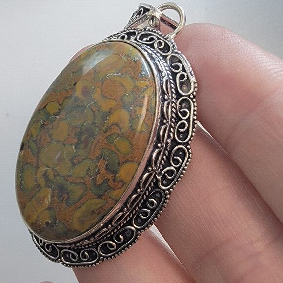 Necklace Pendants Rainforest Jasper Handmade Jewelry in Ornate Sterling Silver - Picture 6 of 10